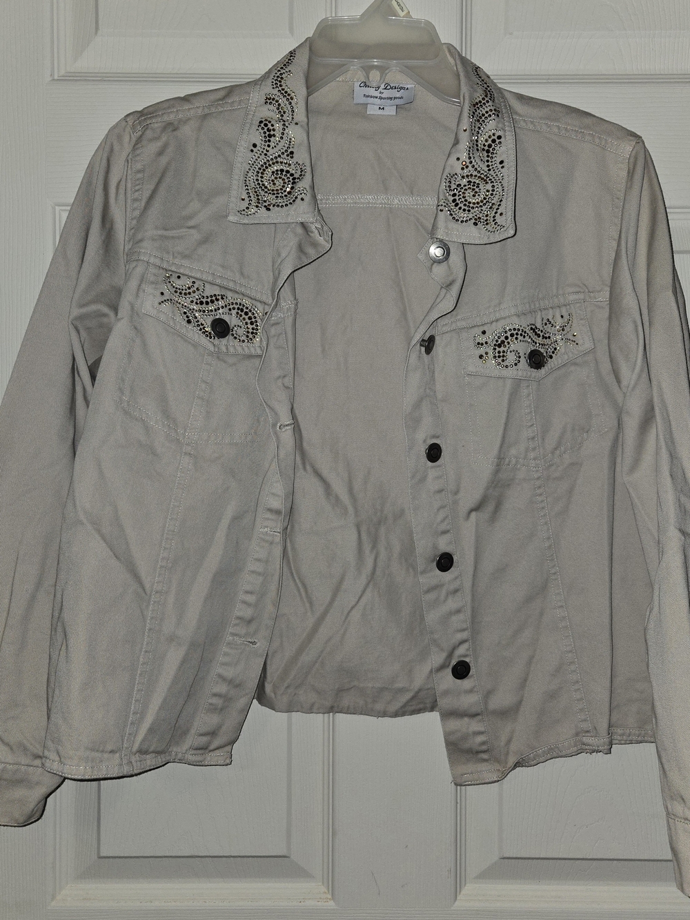 Cristy Designs Light Cream Denim Jacket with Rhinestone Trim